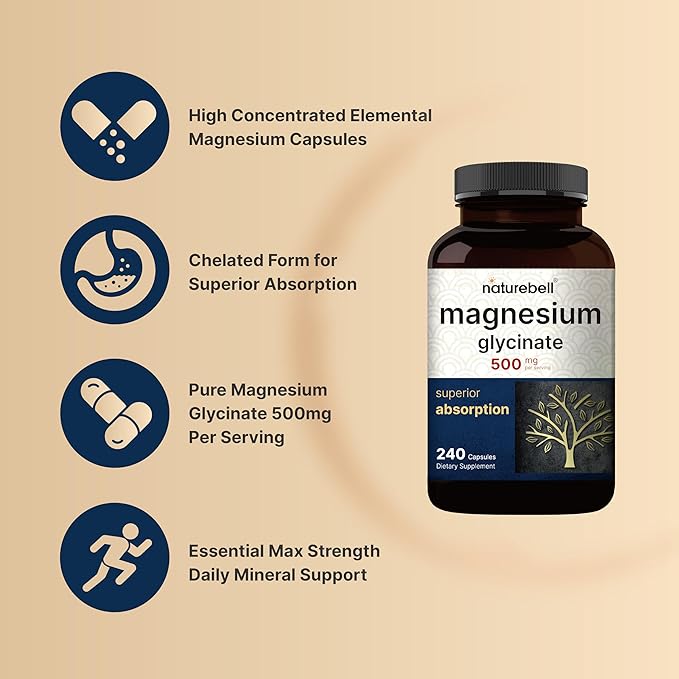 Magnesium Glycinate Capsules 500mg | 240 Count | Supplement for Sleep, Heart & Muscle Support | 100% Chelated & Purified, 3rd Party Tested, Non-GMO & Gluten Free