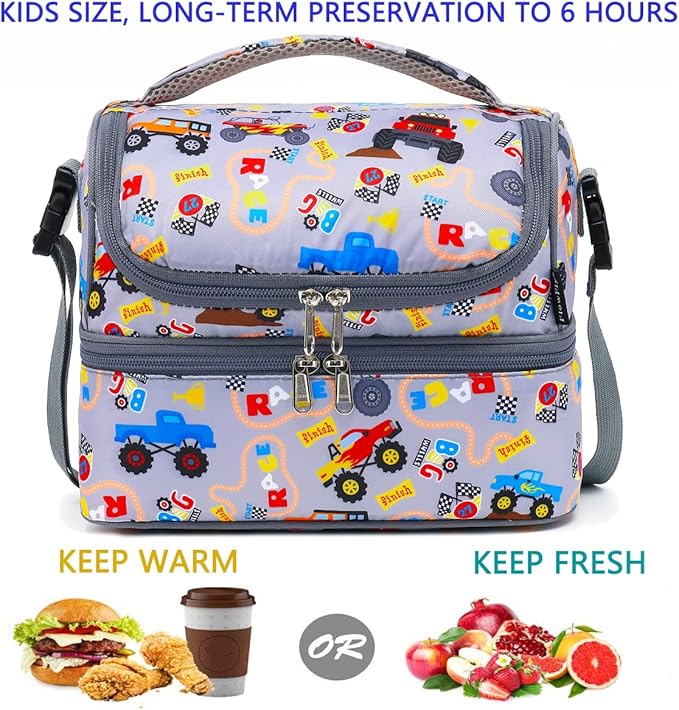 FlowFly Double Decker Cooler Insulated Lunch Bag Large Tote for Boys, Girls, Men, Women, With Adjustable Strap (Truck)