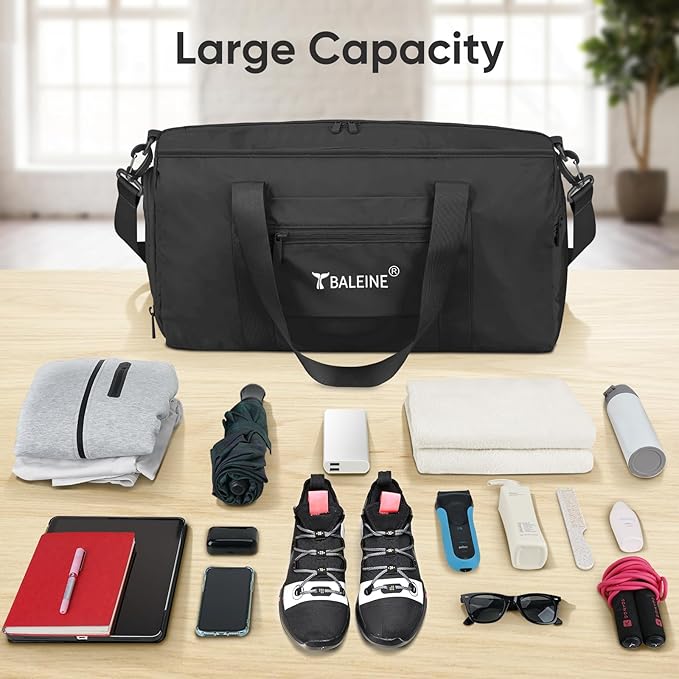 BALEINE Gym Bag for Women and Men, Small Duffel Bag for Sports, Gyms and Weekend Getaway, Waterproof Dufflebag with Shoe and Wet Clothes Compartments, Lightweight Carryon Gymbag (Black)