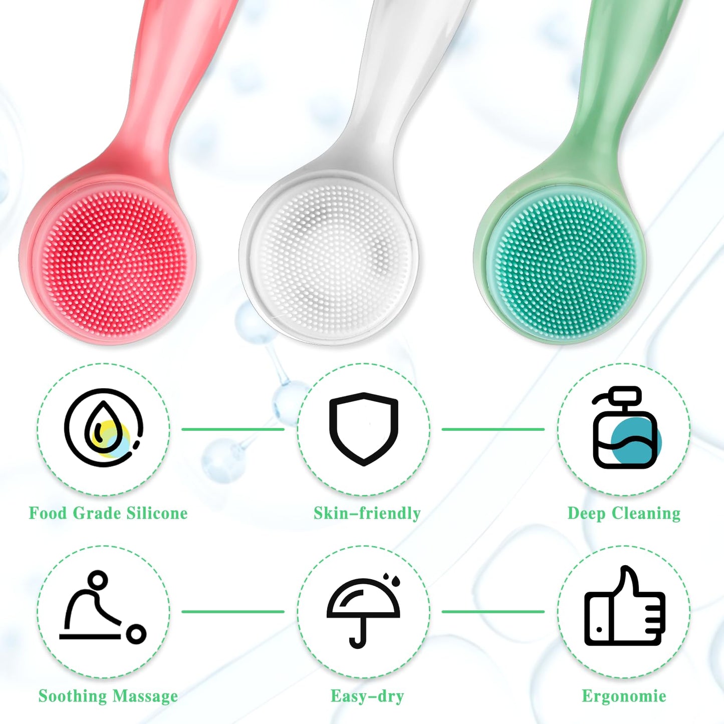 3 Pack Silicone Manual Facial Cleansing Brush Skin Friendly Face Scrubber Exfoliator Soft Bristles Waterproof Makeup Skincare Removal Applicator for Blackheads Whiteheads Massaging