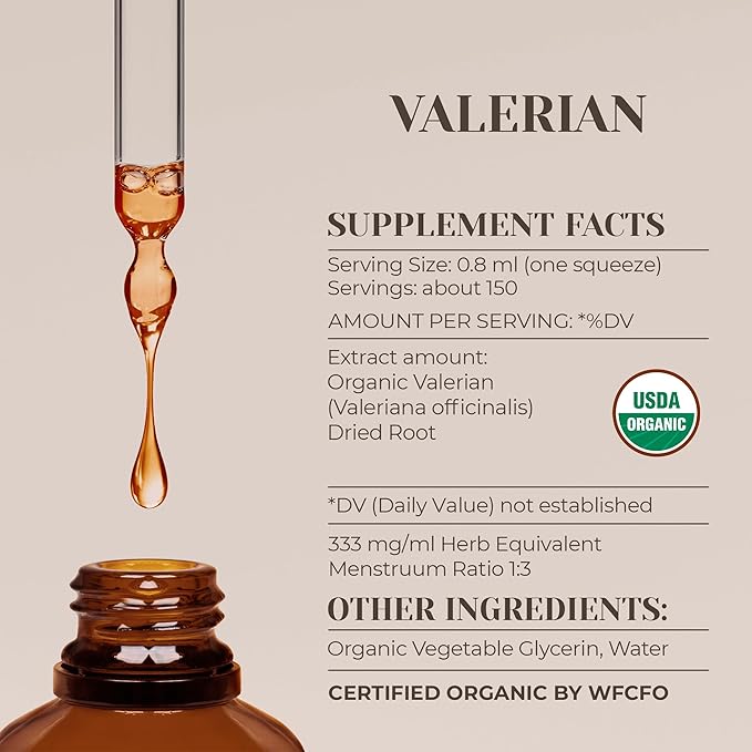 Valerian USDA Organic Alcohol-Free Extract | Dietary Supplement, High-Potency Tincture | Natural Certified Organic Valerian (Valeriana officinalis) Dried Root (4 oz)