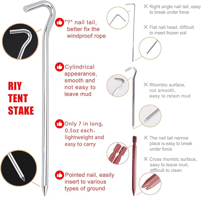 RIY 7" Camping Tent Stakes Aluminum Lightweight Camping Canopy Stakes Pegs