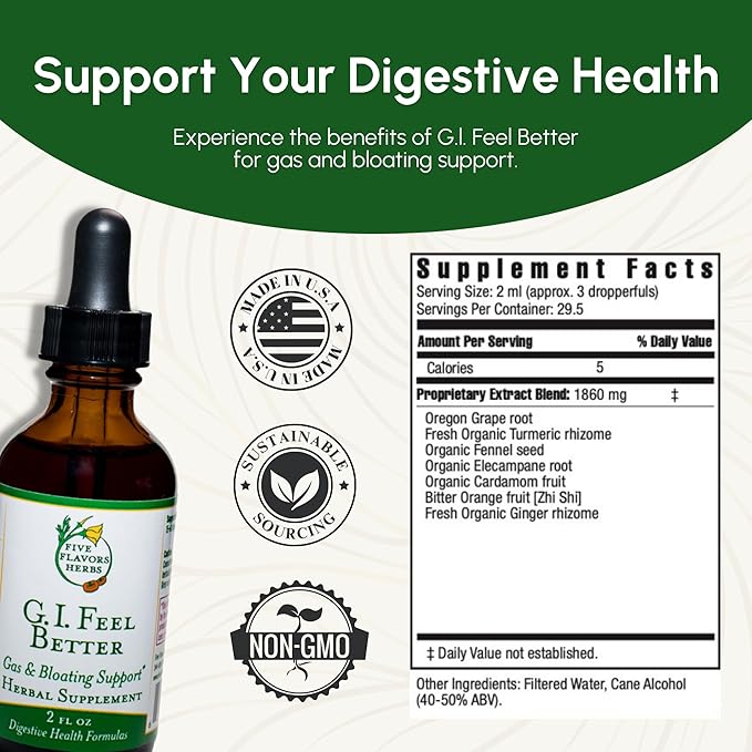 G.I. Feel Better Tincture - Gas & Bloating Support, Digestive Health Formula, Turmeric, Elecampane, Ginger, Cardamom, Herbal Supplement - 2 Fl Oz