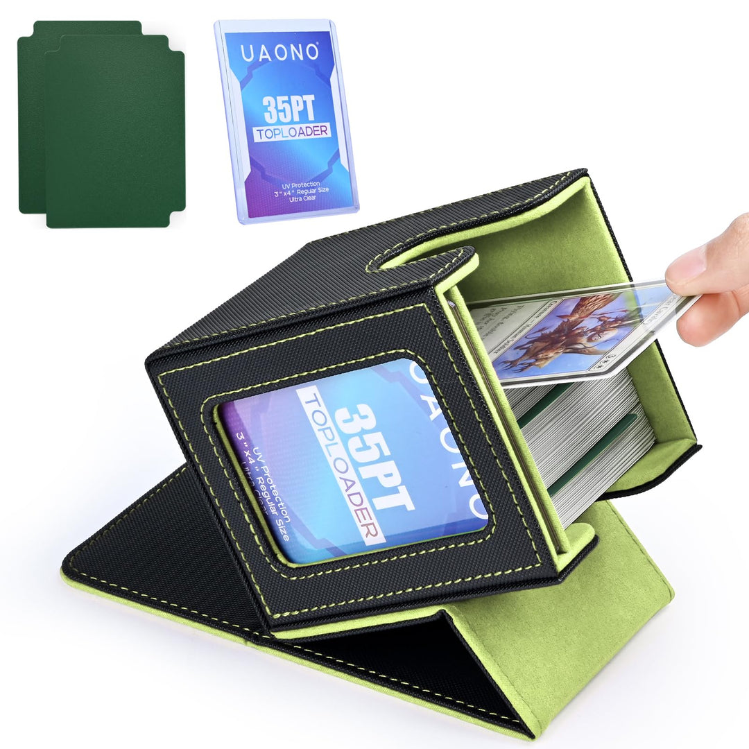 UAONO Card Deck Box with MTG Commander Display, Patented Design Card Deck Case Holds 100+ Double-Sleeved Cards, PU Leather Cards Storage Box for TCG with 2 Dividers, 1 Toploader (Black&Green)