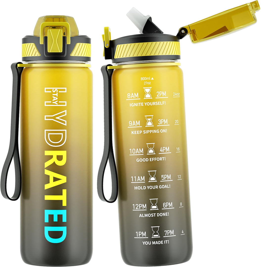 QLUR Water Bottle with Straw, 27 oz Motivational Water Bottles with Time Marker to Drink, Tritan BPA Free, 800ml Sports Water Bottle with Carry Strap LeakProof for School Fitness Outdoor (1Pack)