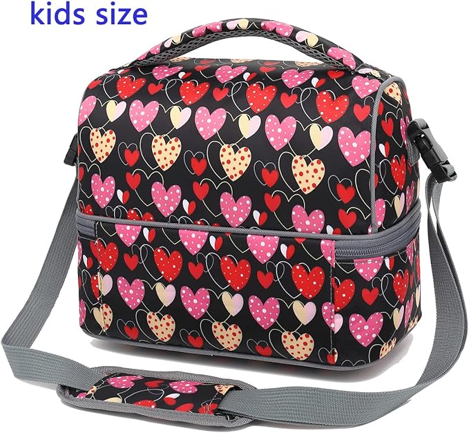 FlowFly Double Decker Cooler Insulated Lunch Bag Large Tote for Boys, Girls, Men, Women, With Adjustable Strap,Heart