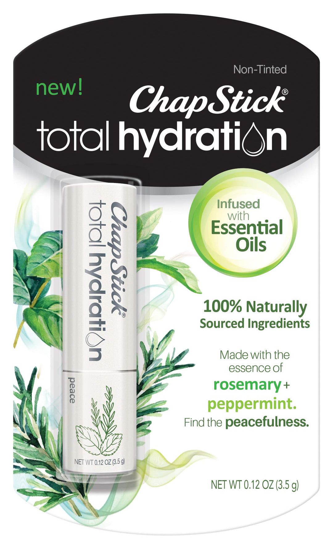 ChapStick Total Hydration Essential Oils Lip Balm, Rosemary + Peppermint, Non-Tinted, 0.12 Oz - Moisturizing Lip Care