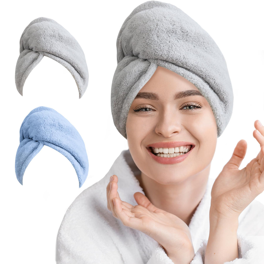 AGLIFEFY 2 Pack Microfiber Hair Towel Wrap for Women Super Absorbent Quick Dry Hair Turban for Drying Curly, Long & Thick Hair 10 inch X 26 inch Lightgrey+SkyBlue