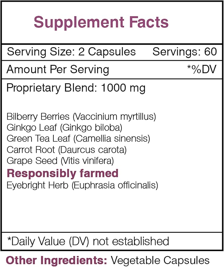 Secrets of the Tribe Falcon Eye 120 Capsules, 1000 mg, Bilberry, Eyebright, Ginkgo, Green Tea, Carrot, Grape. Healthy Vision Support (120 Capsules)