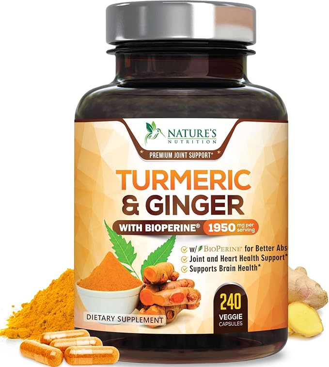 Turmeric Curcumin Supplement 1950mg with Organic Turmeric & Ginger, 95% Curcuminoids, BioPerine Black Pepper for Best Absorption, Nature's Vegan Joint Support, Non-GMO, Bottled in USA - 240 Capsules