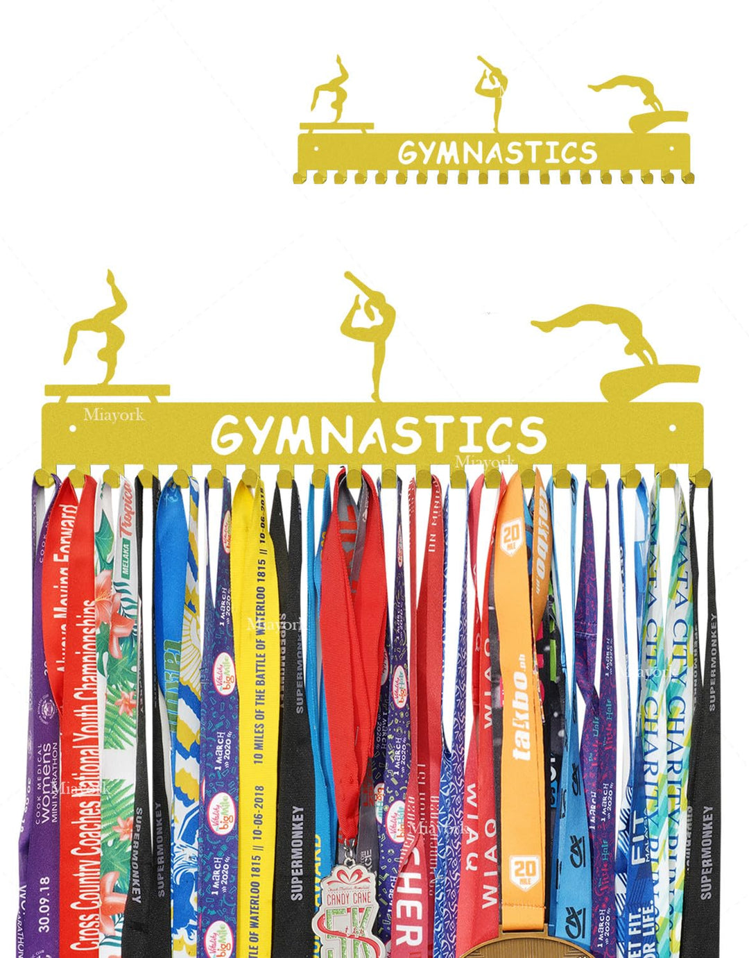 Miayork Gold Gymnastic Medal Hanger Display Ribbon Hanger Rack for More medals-Easy Installation Easy to Use with 20 hanging hooks-Gymnastics Medal holder for Girls- Medal Hanger Display Upgraded