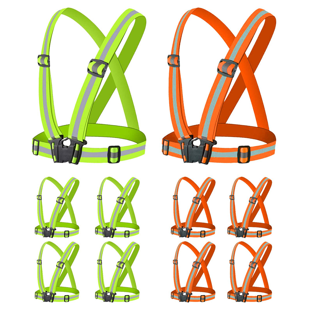 Miushion Reflective Vest | Safety & High Visibility for Running, Jogging, Dog Walking, Cycling | Adjustable & Elastic Reflector Fits Outdoor Clothing (Pack of 10, Orange & Green)
