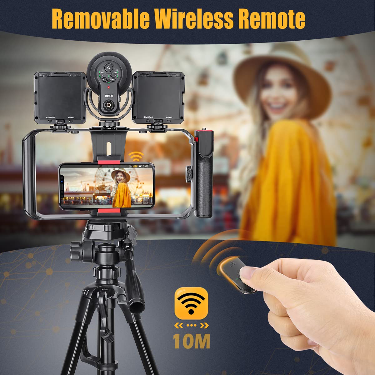 Zeadio Smartphone Video Rig, Wireless Grip Stabilizer Cellphone Tripod Mount Holder with Remote Shutter, Fits for All iPhone and Android Smartphones