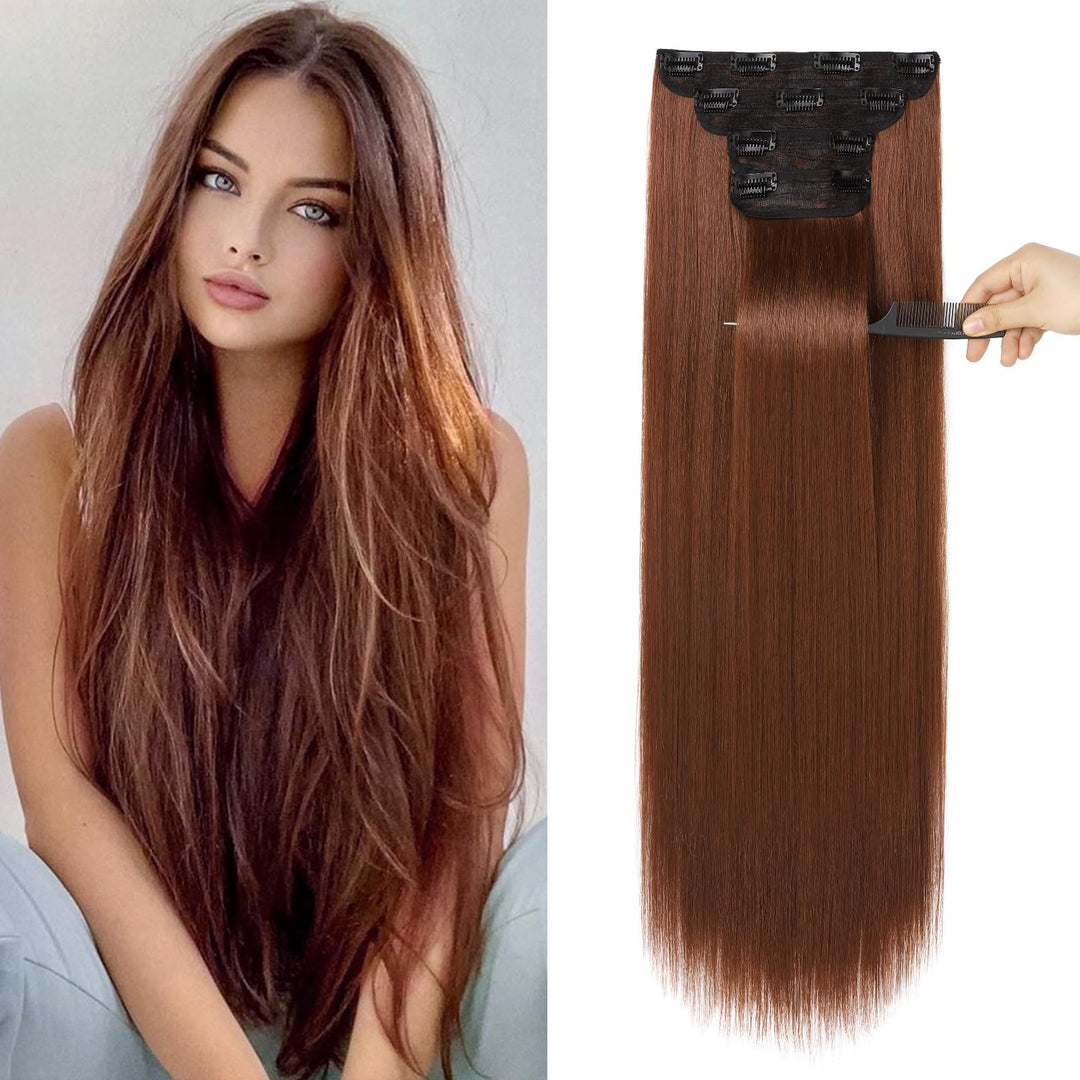 Reecho 28'' Straight Long 4 Pcs Set Thick Clip In On Hair Extensions - Dark Copper