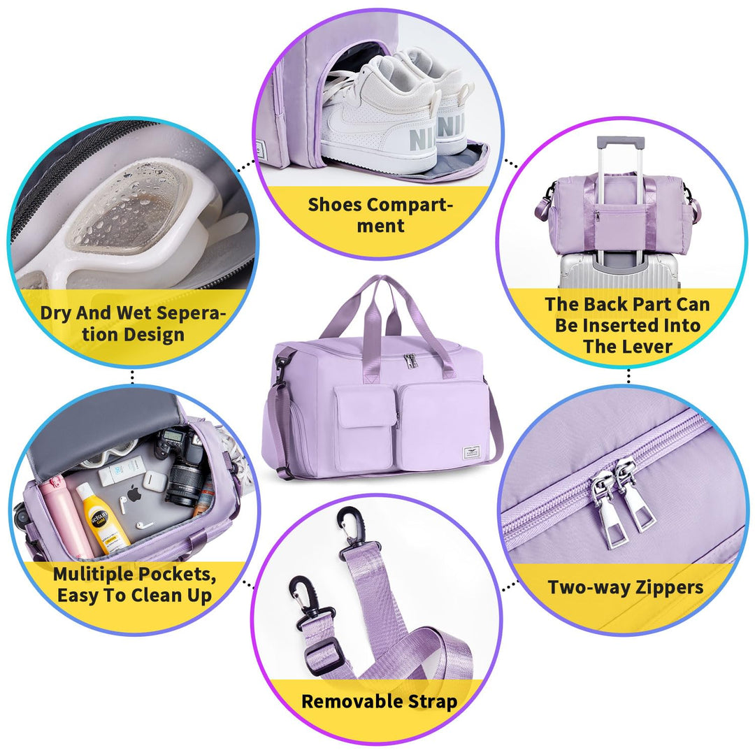 FIORETTO Women's Water-Resistant Gym Duffle Bag with Shoes Compartment, 37L Capacity, Multi-Functional, Ideal for Travel, Gym, Sports, Weekender, Light Purple