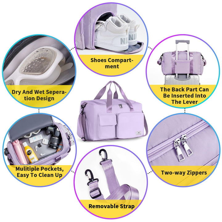 FIORETTO Women's Water-Resistant Gym Duffle Bag with Shoes Compartment, 37L Capacity, Multi-Functional, Ideal for Travel, Gym, Sports, Weekender, Light Purple
