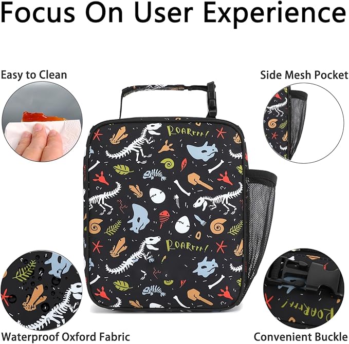 Lunch Box for Kids Boys Girls Men Women, Insulated Small Soft Cooler Lunch Bag Kit for School Work Picnic Travel - Reusable Portable lunchbox, Dinosaur Fossil