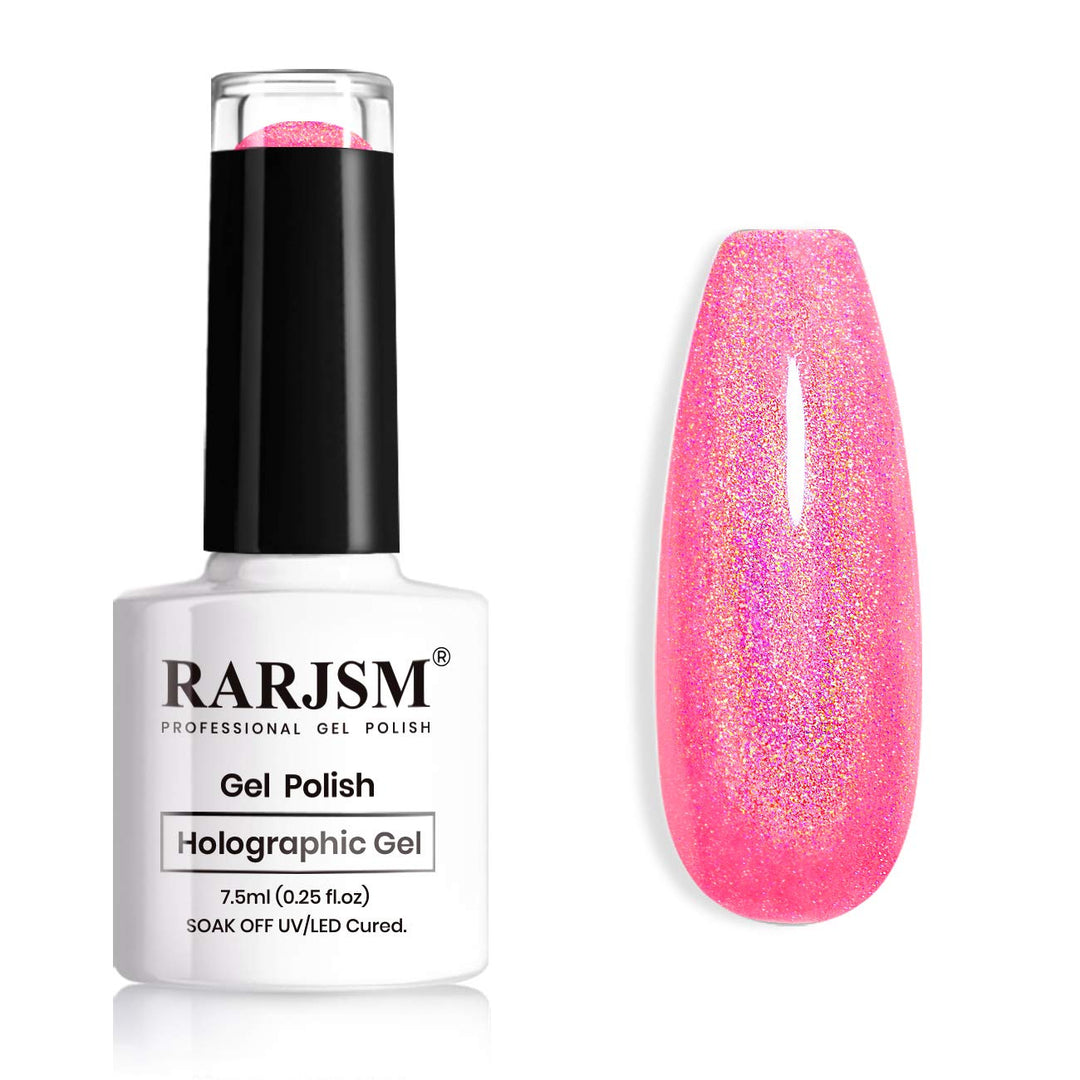 Rarjsm Holographic Nail Polish Neon Hot Pink Gel 7.5Ml Gorgeous Glossy Hologram Curing Required Art Manicure Salon Diy At Home