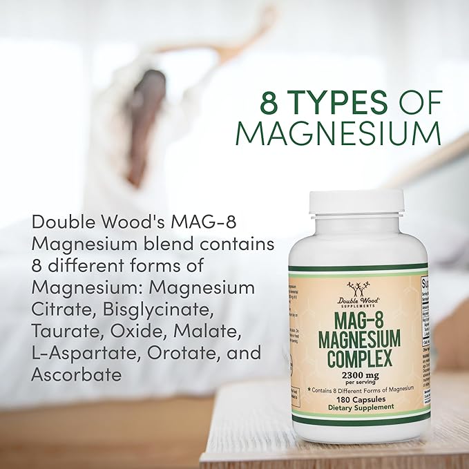 Magnesium Complex Supplement 180 Capsules (436mg Elemental Magnesium Provided by 2,300mg of Eight Different Forms of Magnesium) MAG-8 Provides 100% Daily Recommended Value of Magnesium by Double Wood
