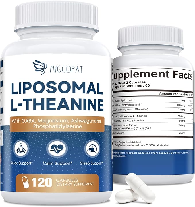 Liposomal L-Theanine 800mg with GABA, Magnesium, Ashwagandha, Phosphatidylserine, Vitamin B6 & B12 - Calm, Sleep, Relaxation & Mood Support for Women & Men, Vegan - 120 Capsules