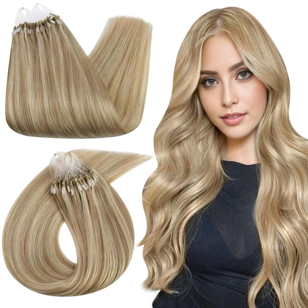 Ugeat Golden Blonde Micro Loop Hair Extensions Real Human Hair Highlight Golden Blonde Micro Bead Hair Extensions Micro Ring Hair Extensions Golden Blonde Cold Fusion Hair Extensions 14 Inch 50g 50s