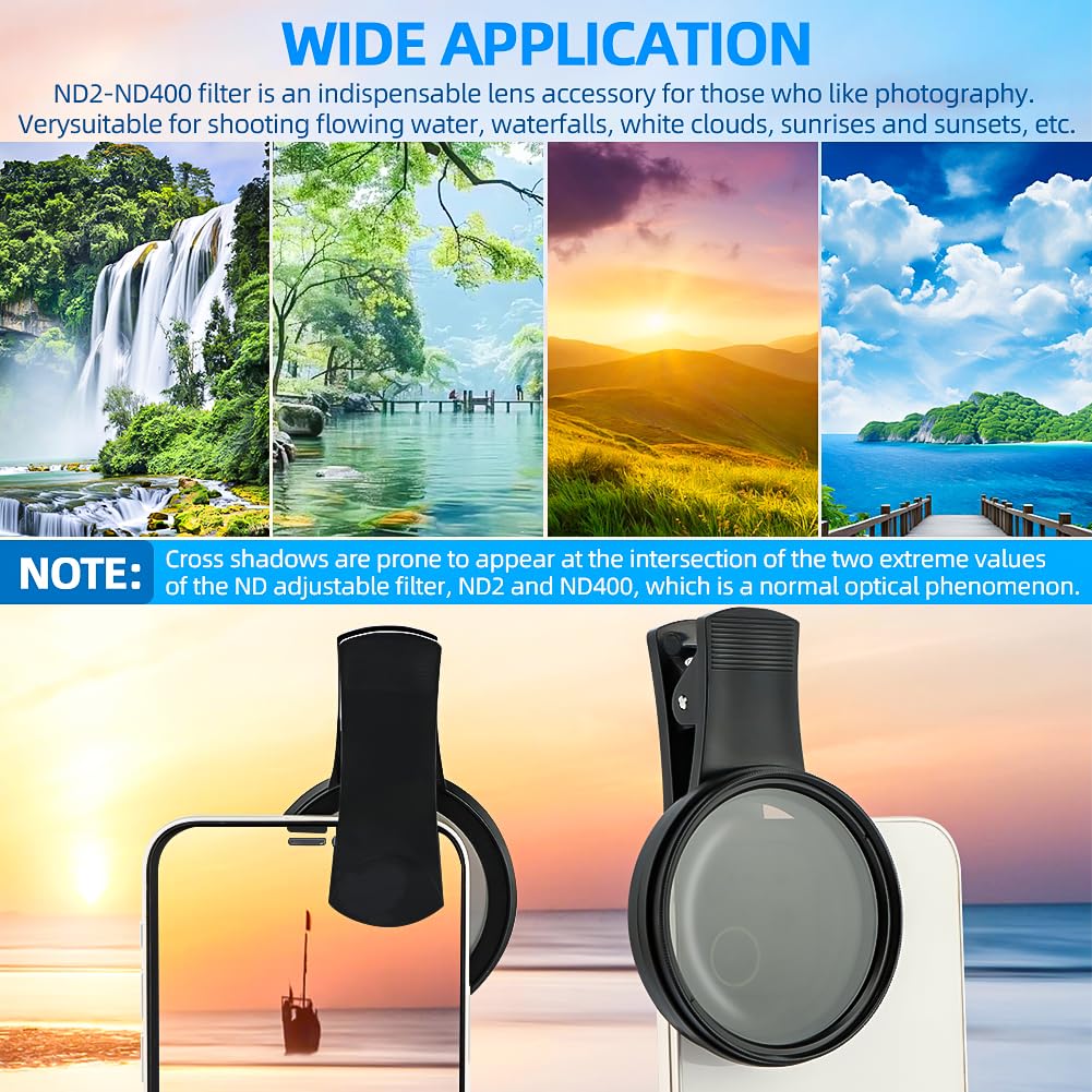 52mm Variable ND2-ND400 Filter, Clip-on Phone Lens ND Kit, Universal Adjustable Neutral Density Compatible With iPhone/Samsung/Android Smartphones (Size: 52mm)