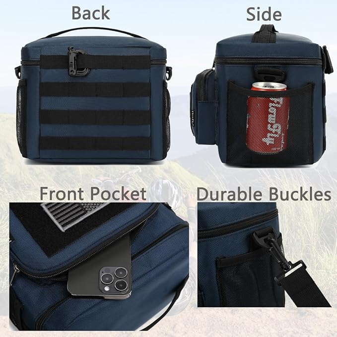 FlowFly Lunch Bag, Insulated Cooler, Thermal Lunch Box Tote with MOLLE/PALS Webbing, Adjustable Padded Shoulder Strap, for Tactical Men Women Adults and Boys Girls Kids (Cyan, Large)