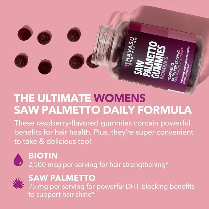 Saw Palmetto for Women with 2500mcg Biotin - DHT Blocker and Hair, Skin, Nail Health Gummies - 60 Count - Supports Stronger and Fuller Looking Locks and Radiant Skin - Vegan, Non-GMO, 1 Month Supply