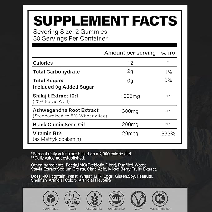 Sugar Free Shilajit Gummies 1000mg – Pure Shilajit Supplement for Men & Women – 85+ Trace Minerals & Fulvic Acid with Ashwagandha- Energy, Brain, Immunity –Mixed Berry Flavor,120 Gummies