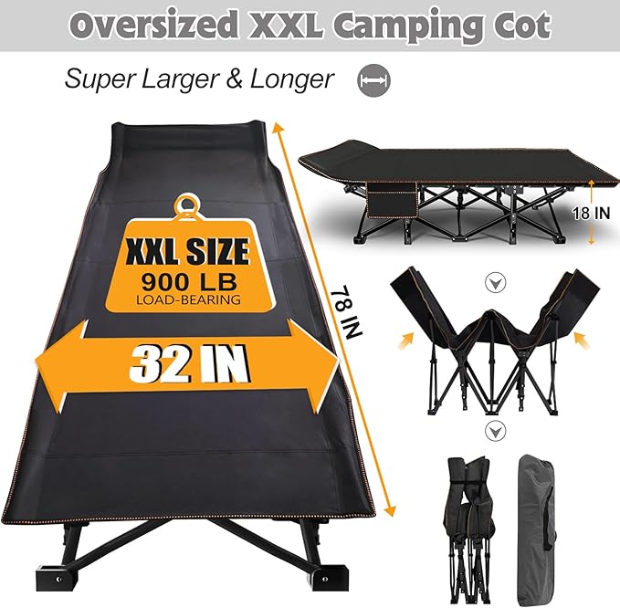 ABORON 2Pack Oversized XXL Folding Camping Cot W/Mat for Adults, 78" L x 32" W x 18" H Heavy Duty Outdoor Bed with Carry Bag,1200 D Layer Oxford Travel Camp Cots