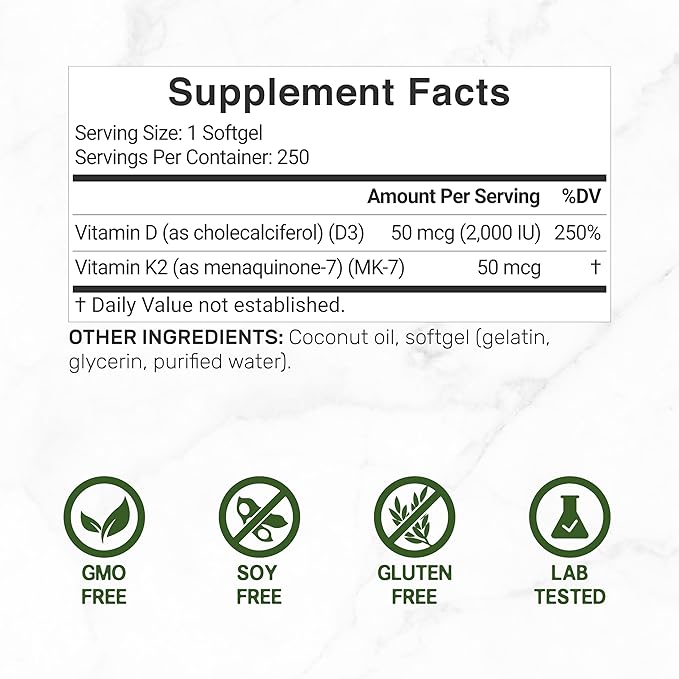 DEAL SUPPLEMENT Sunshine Vitamin D – Vitamin D3 2,000 IU with K2 MK7 50mcg – Infused with Virgin Coconut Oil – Support Healthy Bones, Teeth, and Immune System – Easy to Swallow