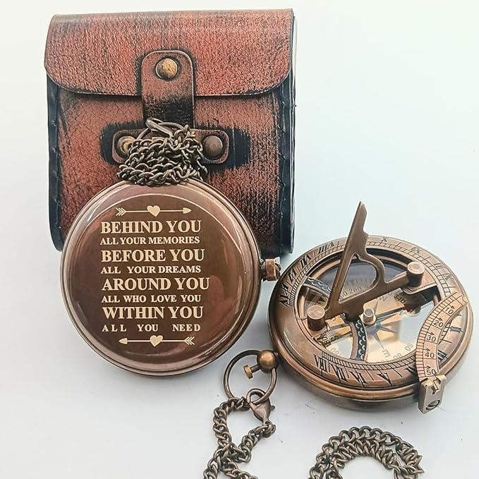 Behinde You Engraved Sundial Compass with Leather case. We Walk by Faith Not by Sight Corinthians 5:7 Compass. Personalized Brass Pocket Compass Gifts for Men, Him, Son