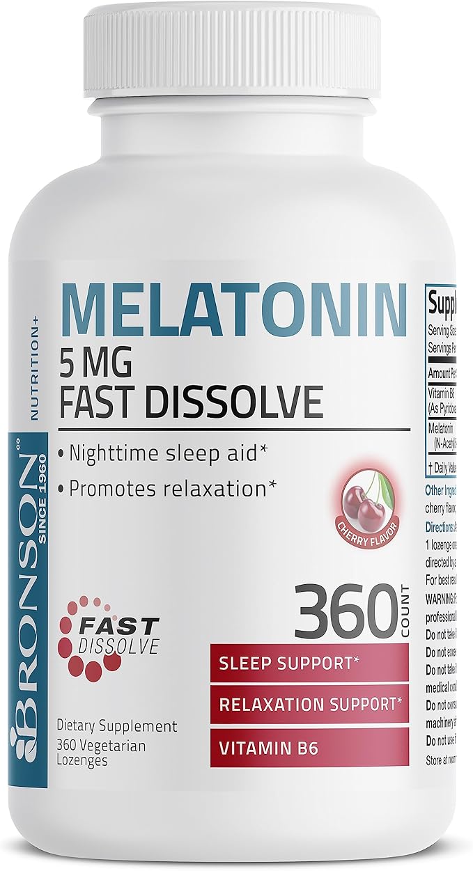 Bronson Melatonin 5mg Fast Dissolve Cherry Flavor Tablets with Vitamin B6 - Nighttime Sleep Aid - Promotes Relaxation, 360 Vegetarian Chewable Lozenges