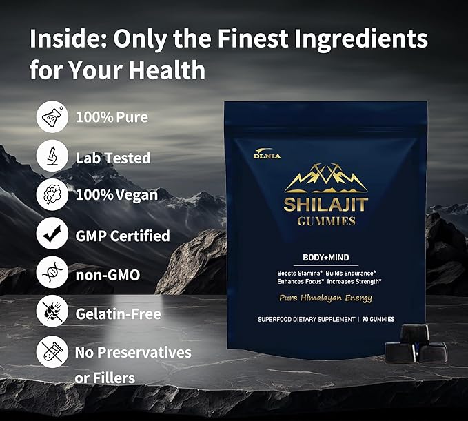 Shilajit Gummies with Ashwagandha, Turmeric - Organic, Zero Sugar & Vegan-Friendly Himalayan Shilajit for Men & Women - Energy, Calm Cosrtisol, Sleep, Immune Support & Overall Health