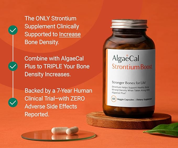 AlgaeCal - Strontium Boost, Natural Strontium Supplement for Bone Density Increase, Strontium Citrate 680 mg, Easy to Swallow for Bone Health & Bone Strength, Gluten-Free - Veggie Caps, 3 Month Supply