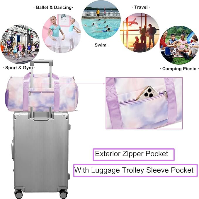 Sports Gym Bag for Girls Dance Bag for Girls Teen Travel Duffel Bags Waterproof Overnight Duffel Bag with Shoe Compartment Ballet Gym Bag Purple