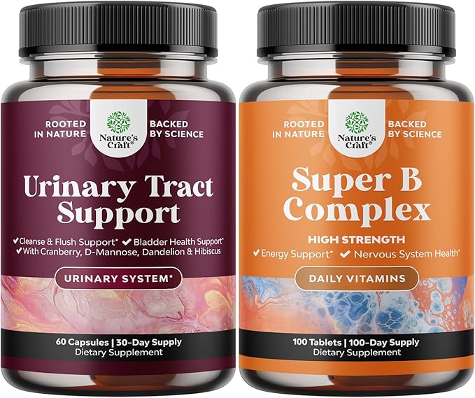 Bundle of D Mannose Capsules for Urinary Tract Health for Women Fast Acting Super Concentrated Cranberry 60ct and Vitamin B Complex Adult Multivitamin for Immune Support Mood Boost and Memory Supplem