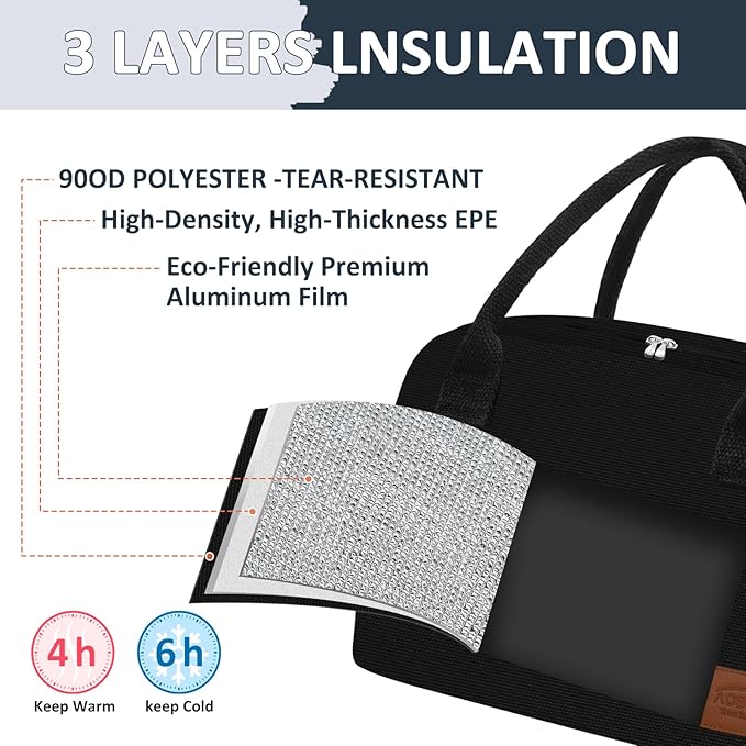 Aosbos Lunch Box for Women Lunch Bags for Adult Insulated Lunch Cooler Bag - Thermal Lunch Tote Lunch Boxes Reusable Meal Prep Containers Bag, Black