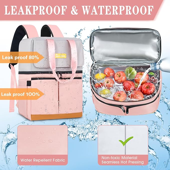 Backpack Cooler with Double Decker & 12 Ice Packs- Keeps 36 Cans Cold for Up to 24 Hours- Waterproof & Leak Proof Insulated Cooler Backpack- Stylish Cooler Bookbag for Women Travel Work Beach