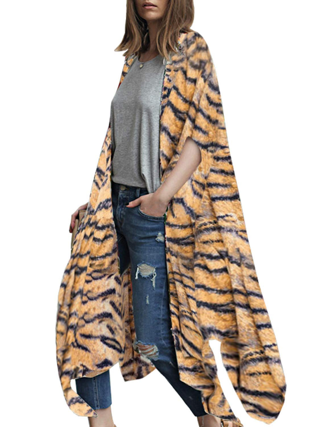 Women's Tiger Print Tops Shirt Animal Striped Long Kimono Cover Up Summer Beach Chiffon Cardigan Duster Yellow S