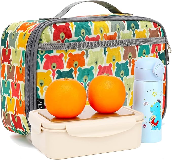 FlowFly Kids Lunch box Insulated Soft Bag Mini Cooler Back to School Thermal Meal Tote Kit for Girls, Boys, Bear