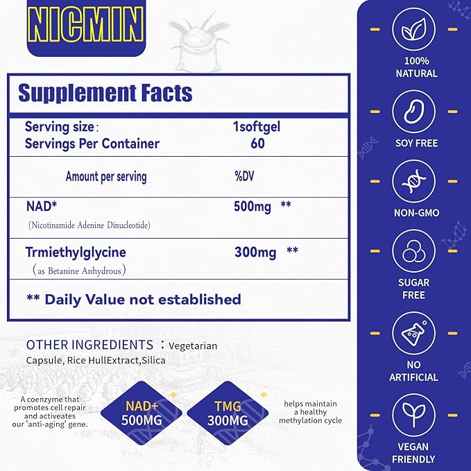 Liposomal NAD+ 500mg with TMG 300mg, Actual NAD+ Supplement (Not a Precursor) More Efficient Than NMN, Nicotinamide Riboside Alternative for Cell Energy, Healthy Aging and Muscle Repair 180 Capsules