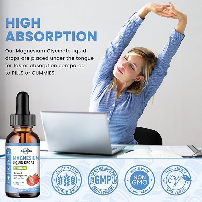 Triple Magnesium Complex Liquid Drops, 1300mg Magnesium Glycinate, Taurate & Citrate with Omega3, L-Theanine, Ashwagandha, Potassium, D3, B6, B12 for Calm, Sleep, Muscle, Strawberry Flavor, 2 Fl OZ