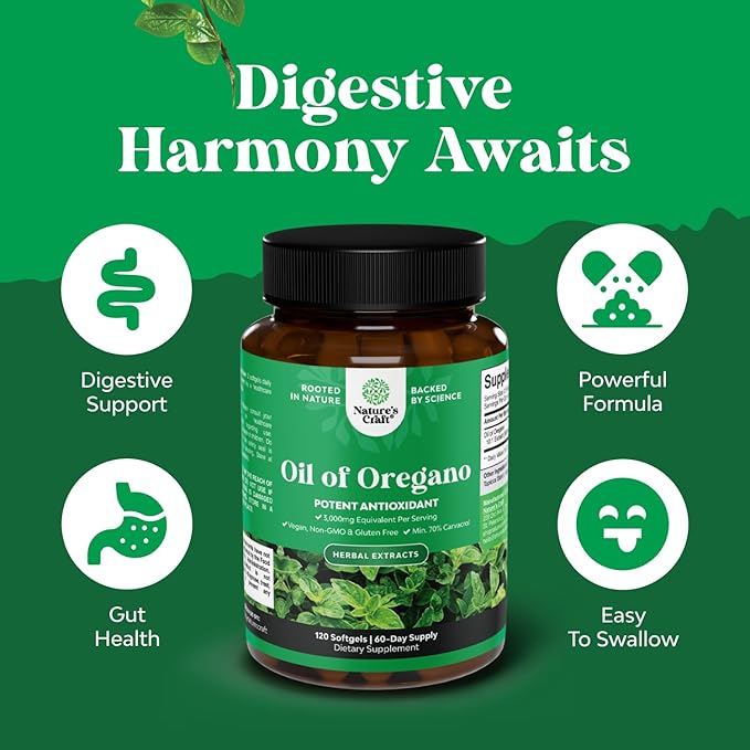 Vegan Wild Oregano Oil Softgels - Super Concentrated Oil of Oregano Softgels with 3000mg Herbal Equivalent and Min 70% Carvacrol for Gut Heart Detox and Immune Support - Vegan & Non-GMO (180CT)