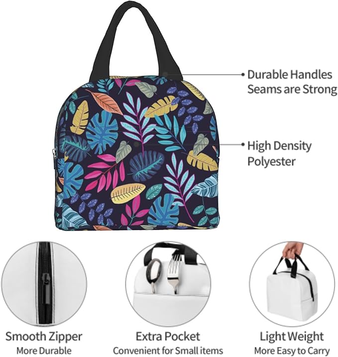 Imiss Blue Tropical Leaves Insulated Lunch Bag for Woman Man Adults， Hawaii Hawaiian Plants Reusable Cooler Lightweight Lunch Cooler Bag with Front Pocket for Picnic Work Office