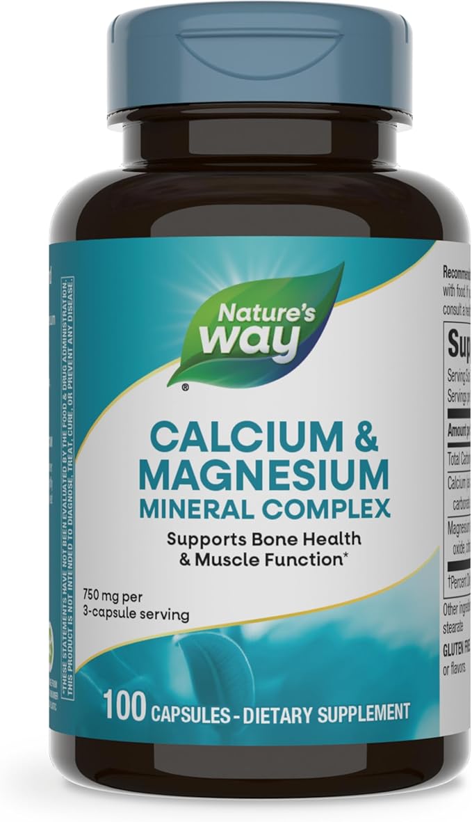 Nature's Way Calcium & Magnesium Mineral Complex, Supports Bone Health & Muscle Function,* 750 mg per 3-Capsule Serving, 100 Capsules (Packaging May Vary)