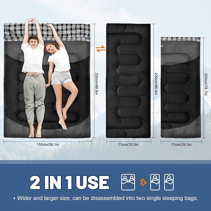 Cotton Flannel Double Sleeping Bag for Adults Machine Washable 2 Person Camping Sleeping Bag Queen Size Waterproof with Compression Sack for Cold Weather 3-4 Seasons