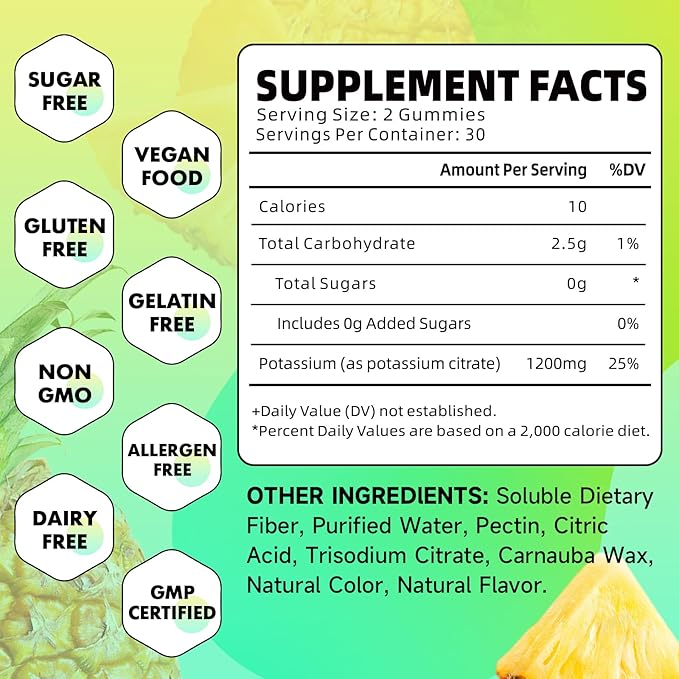 Potassium Citrate Gummies, High Potassium Supplement Gummies 1200mg Support Leg Cramps & Muscle Health, Potassium Gummies for Adults & Kids, Vegan, Pineapple Flavor 60 Count