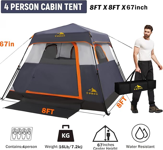 3/4 Person/6 Person Camping Tent Fast Cabin Tent with Instant Setup Tent, Weatherproof Tent Easy Quick Set Up & Pop Up in 60 Seconds with Rainfly Backpack for Family Camping,Upgraded Ventilation