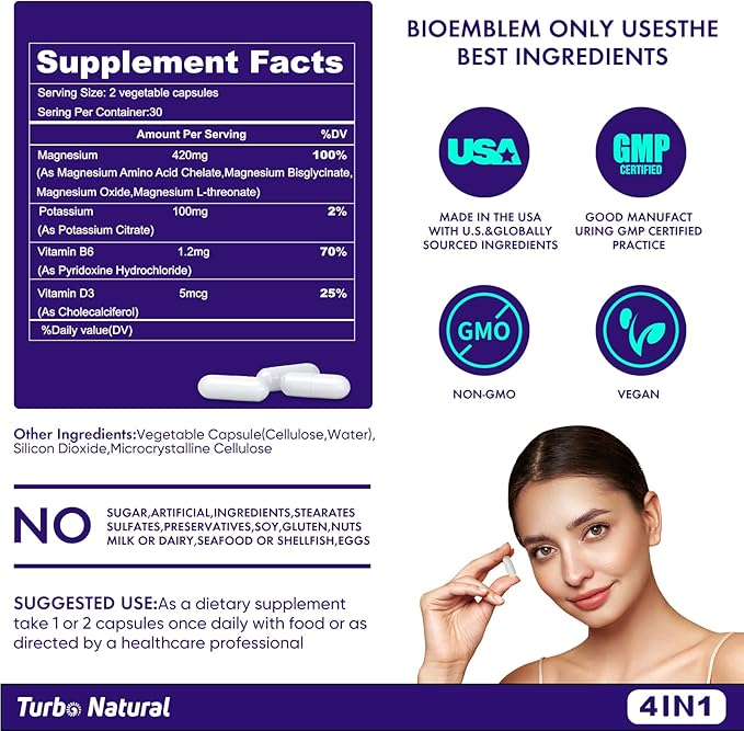 420 Mg Magnesium Bisglycinate L-Threonate Amino Acid Chelated Supplement with Vitamin and Potassium High Absorption Formula for Relaxation Calm for Women & Men Magnesium Complex Capsules (120)